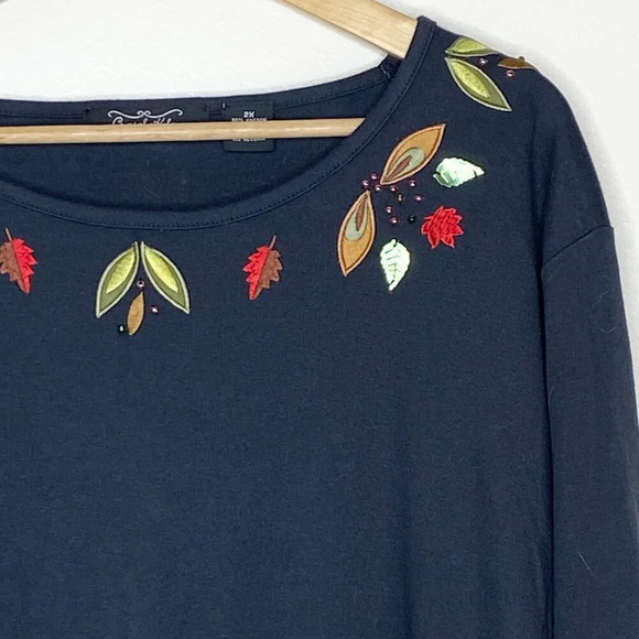 Vintage Crystal Kobe Black Embellished Fall Leaves Tee Long Sleeve Plus Size 2X - Picture 3 of 10